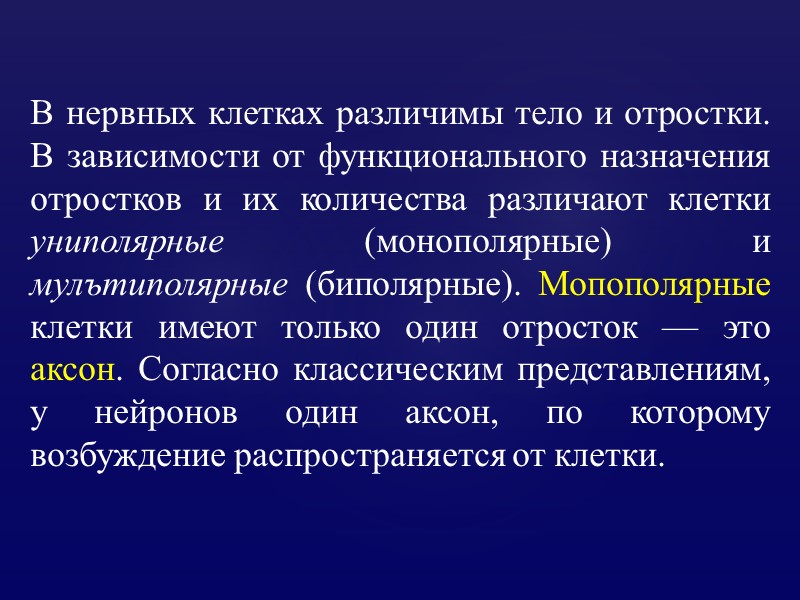 В нервных клетках различимы тело и отростки. В зависимости от функционального назначения отростков и